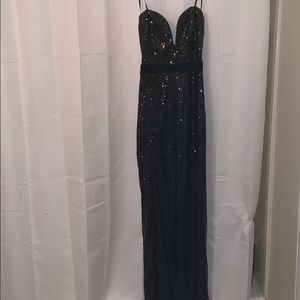 Sparkly black slit long formal dress